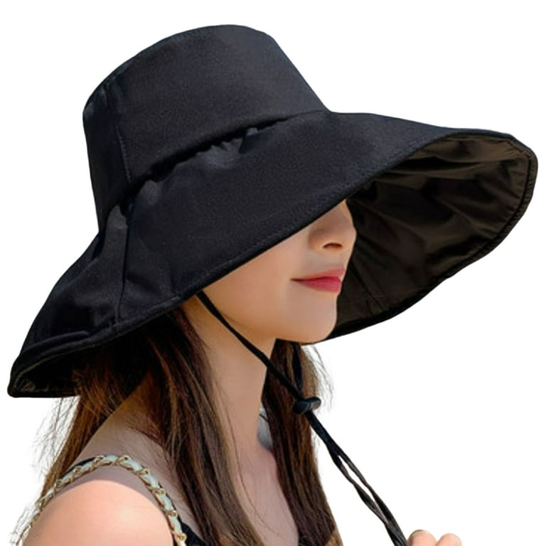 Women Fisherman Hat Sunscreen Anti-UV Face Protection Fasten String Big Brim Bucket Hats Beach Headwear, Adult Unisex, Size: Large, Black
