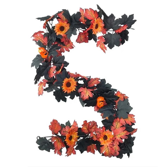 WWG Halloween Garland with Black Maple Leaves, Red Sunflowers and Pumpkin Ornaments, Flexible Bendable Vine Garland for Home Indoor Decor, Fall Party Decorations, Includes 1 Garland