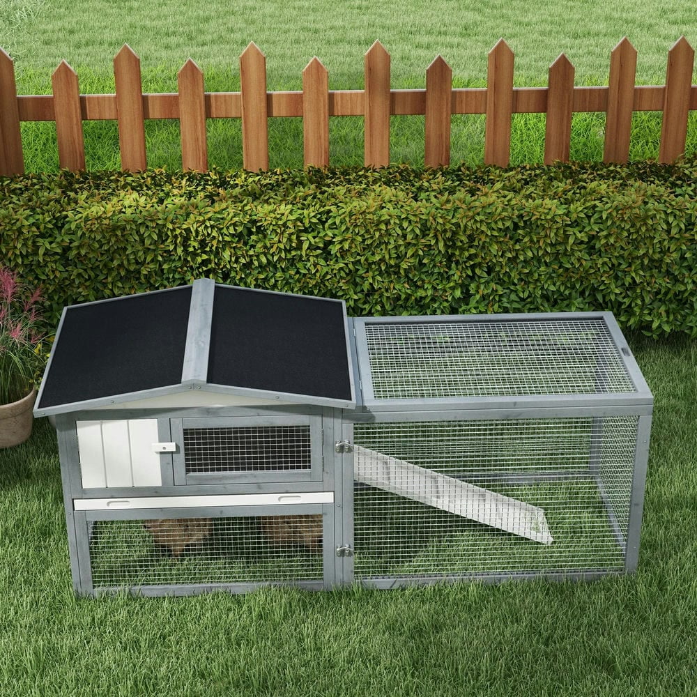 Canddidliike Large Rabbit Cage for Outdoor 61 inchL Guinea Pig Hutch w/ Run Feeding Trough Removable Tray Ramp Asphalt Roof, White