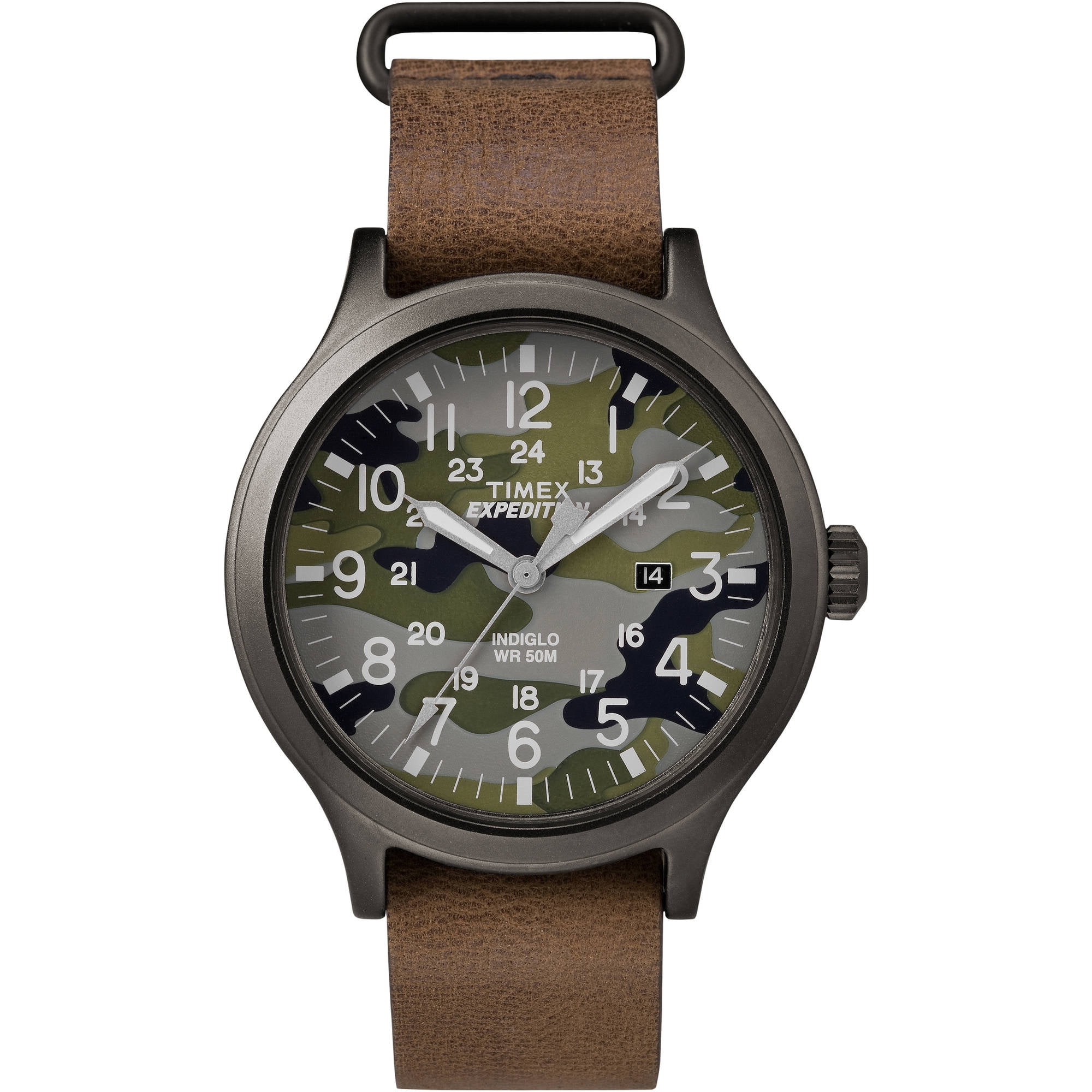 Timex Men's Expedition Scout 43 Green Camo Dial Watch, Brown Leather Strap by Timex