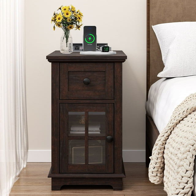 FAGAGA Tables de Chevet avec Tiroir pour Chambre, Table d'Appoint en Bois avec Station de Charge pour Salon, Table de Chevet Rétro avec Rangement / Espresso