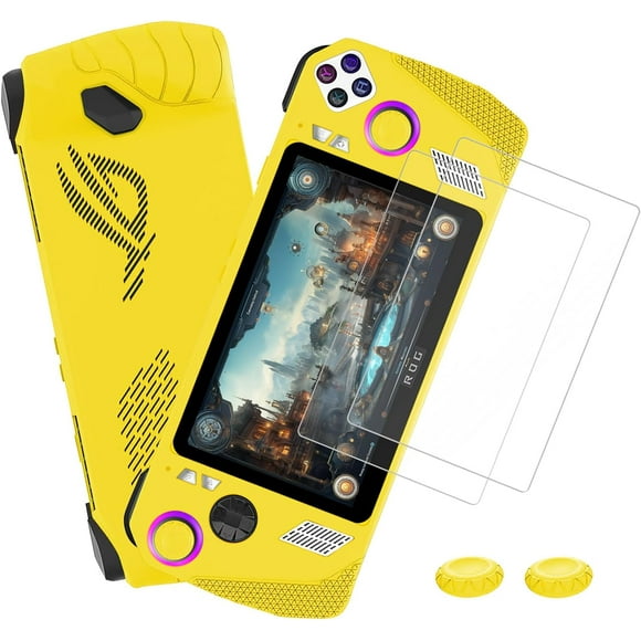 GHSDFBB Étui en Silicone pour ASUS ROG Ally Sortie 2023, Étui Protecteur de Console de Jeu Portative avec 4 Capuchons de Prise pour Pouce et Lot de 2 Protecteurs d'Écran - Améliorez Votre Expérience de Jeu (Jaune)