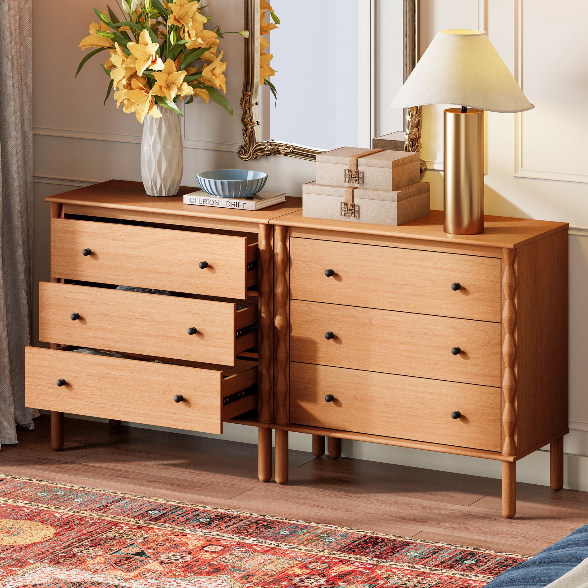 PRE-ASSEMBLED Drawer Glides & Anti-Tip Kit 6 Drawer Dresser for Bedroom，Brown