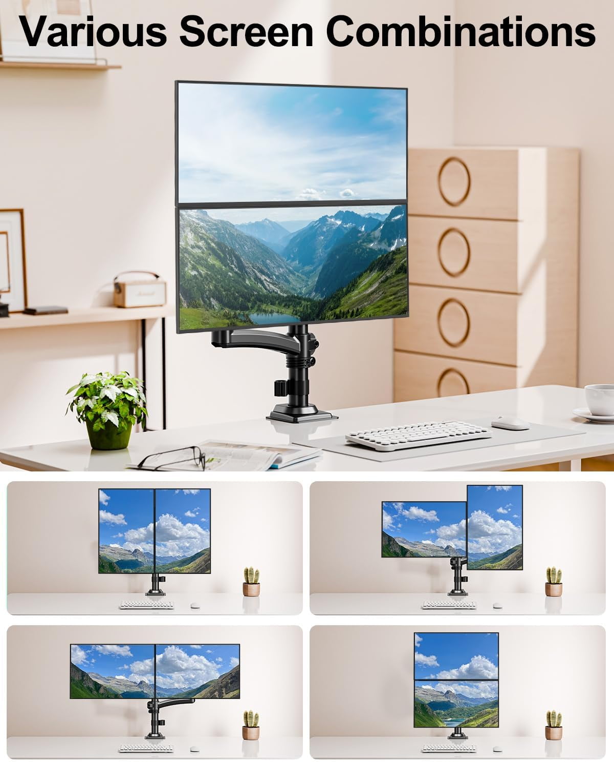 Dual Monitor Stand for Desk, Taller Monitor Arms for 2 Screens  to 32 inch, Ergonomic Adjustable Full Motion Double Computer Monitor Mount, Holds 4.4-22lbs, VESA 75/100mm, Black