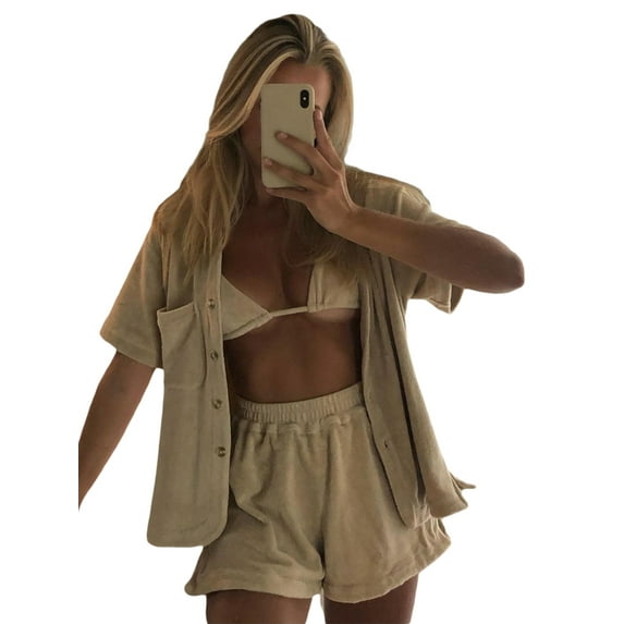 KOMOO Women Loose Fuzzy Outfits Short Sleeve Lapel Shirts Tops and Shorts Set 2Pcs Tracksuit