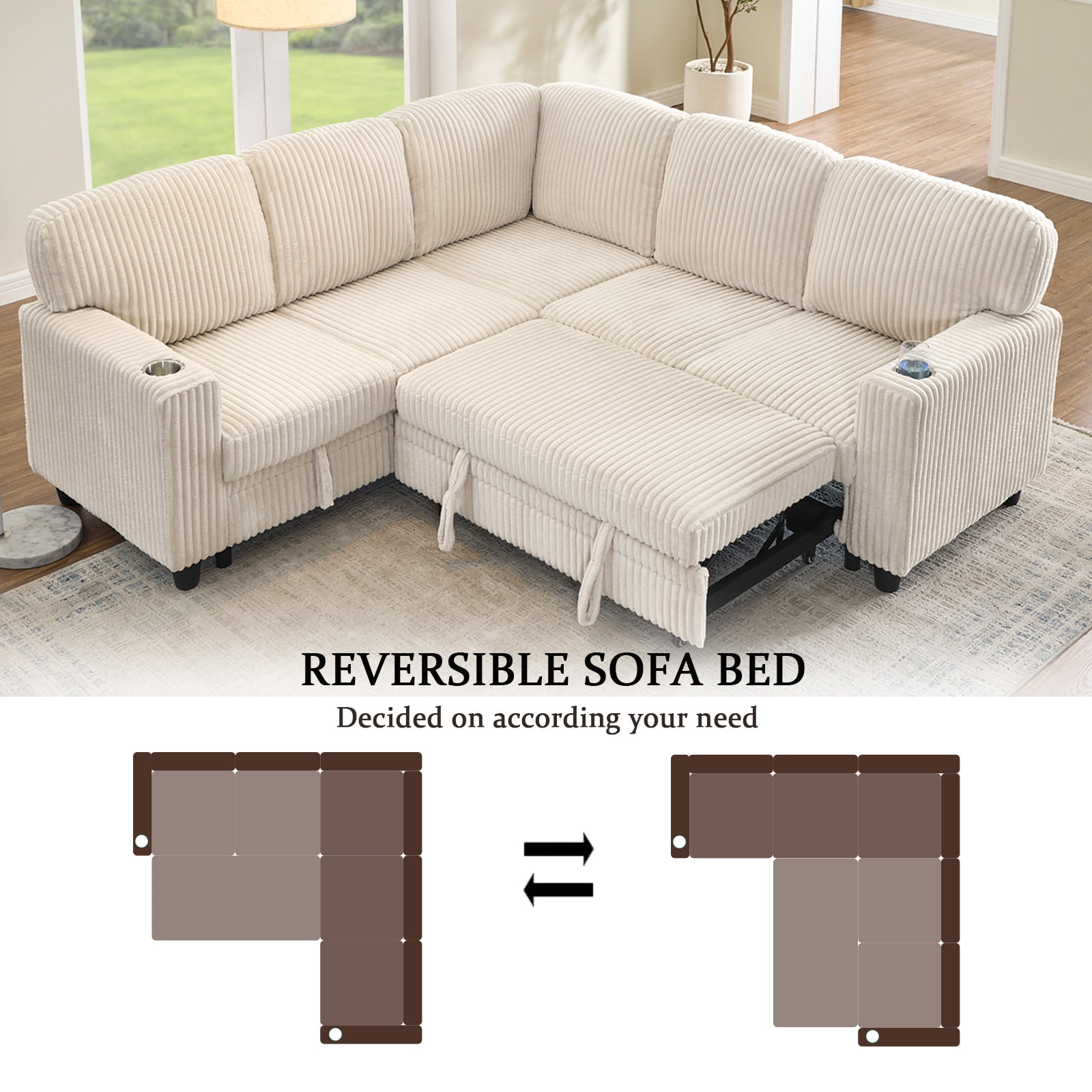 Gewnee L-Shaped Sectional Sofa,Modern Corduroy Modular Sofa with Storage Function,USB‑C Charging Ports & Cup Holders,Pull Out Couch for Living Room,Beige