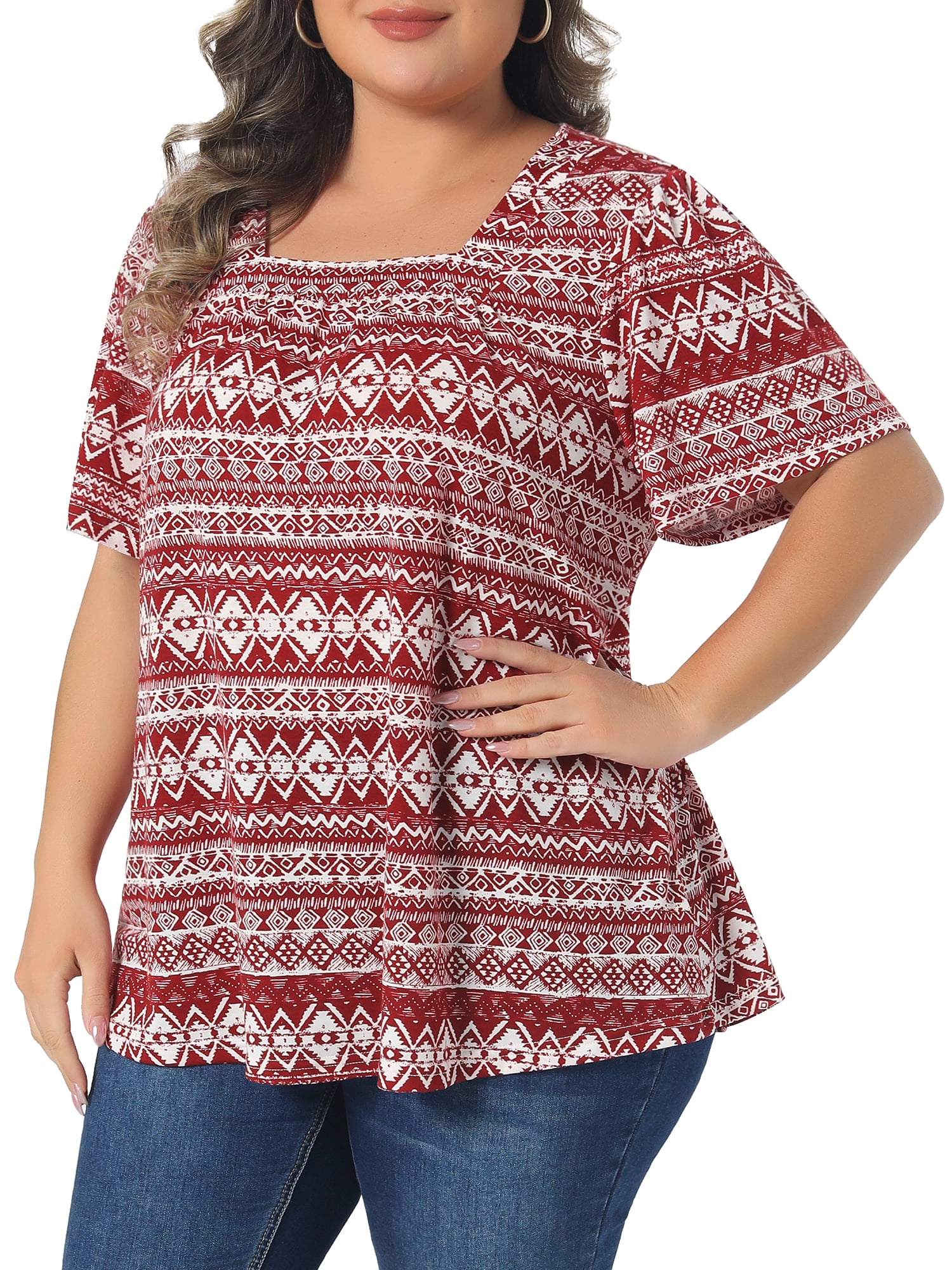 DARING DIVA Women's Plus Square Neck Boho Print T Shirt Blouse Casual 3X Red