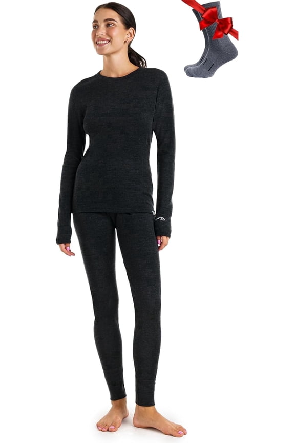 Merino.tech Women's Heavyweight Merino Wool Base Layer Set with Socks, Charcoal Gray, Size XS