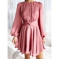 thumbnail image 4 of Cenuakty Women Spring Casual A-line Dress Solid Color Round Neck Long Lantern Sleeve Dress Fashion Back Tie-Up Mini Dress, 4 of 7
