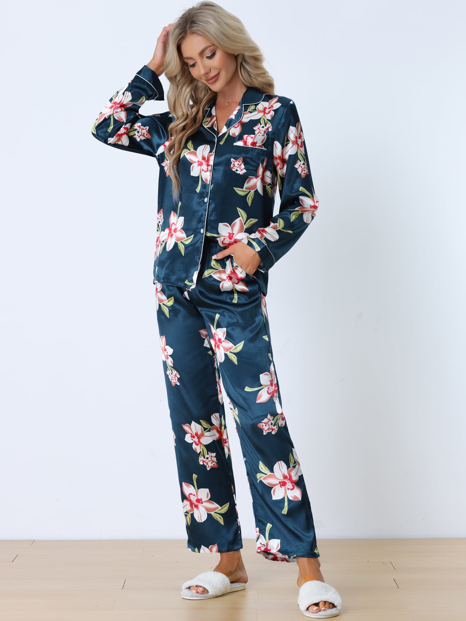 DARING DIVA Women's 2 Pcs Satin Silky Floral Pajama Sets XS Navy Blue