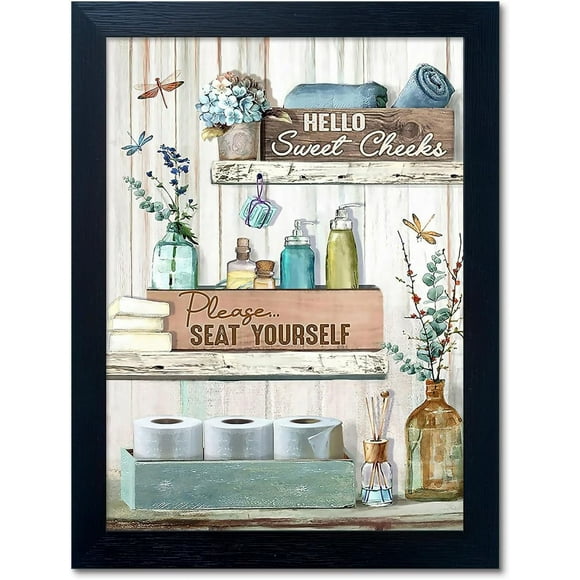 TRAHOO-Farmhouse Bathroom Wall Decor Art Dragonfly Canvas Prints Teal Flower Pictures Country Bathroom Art Funny Bath Laundry Black Framed Artwork