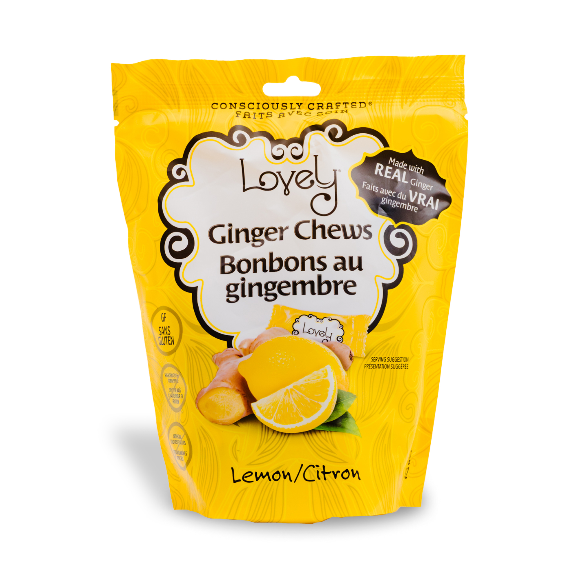 Lovely Candy Co. Lemon Ginger Chews, Made with Real Ginger, Individually Wrapped Ginger Candy, 5 Ounce (Pack of 3) | Gluten-Free, Non-GMO, NO Artificial Ingredients, NO High Fructose Corn Syrup