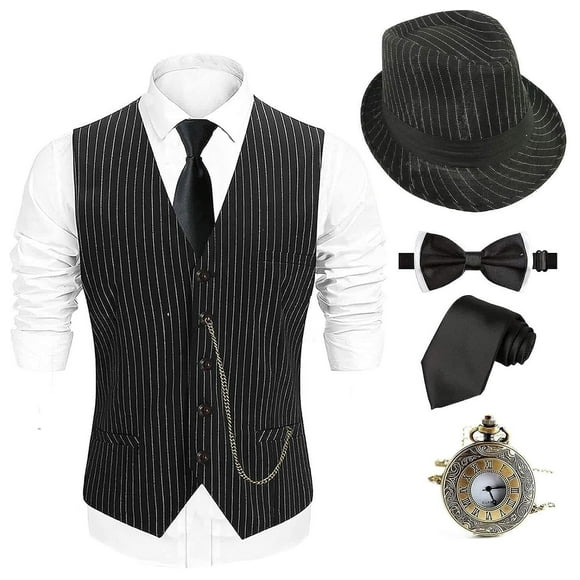 EFORLED 1920s Mens Costume Fedora Hat,Gatsby Gangster Vest,Vintage Pocket Watch,Pre Tied Bow Tie,Tie,TT-XXL