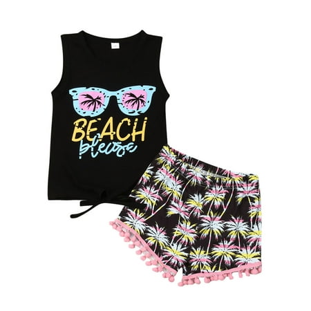 

Canrulo Toddler Baby Girl Black Letter Print Knot Vest Elastic Waist Pom Pom Shorts Black 4-5 Years