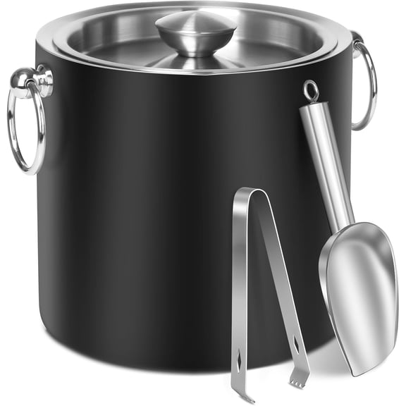 Ice Bucket with Lid & Tong- Well Made Insulated Stainless Steel Keep Ice Frozen Longer - Ideal for Cocktail Bar, Parties, Chilling Wine, Champagne - 3 Liter (Black)