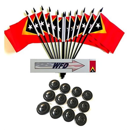 Pack of 12 4"x6" East Timor Polyester Miniature Office Desk & Little Table Flags, 1 Dozen 4"x 6" Timor-Leste Small Mini Handheld Waving Stick Flags with 12 Flag Bases (Flags with Stands)