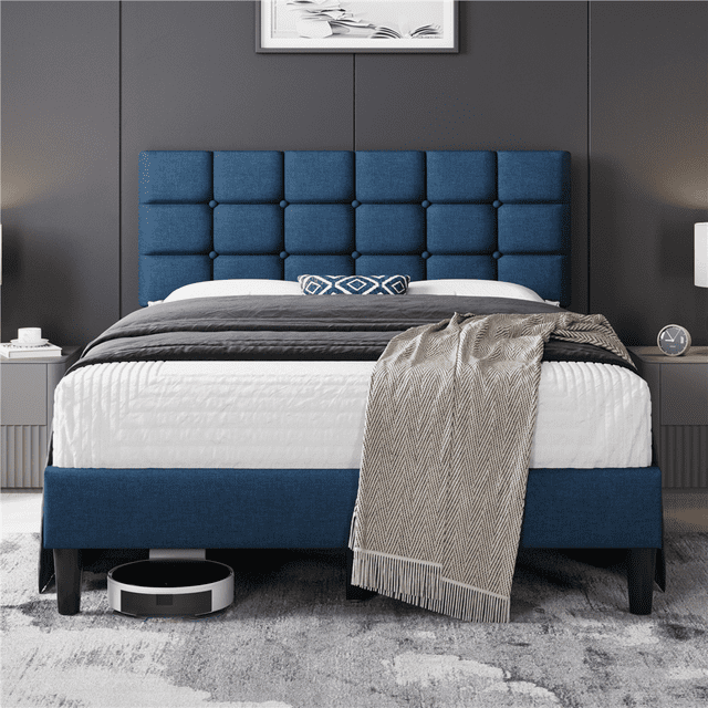 Fullfurnique Upholstered Platform Bed Frame with Square Tufted Headboard, Full, Navy Blue