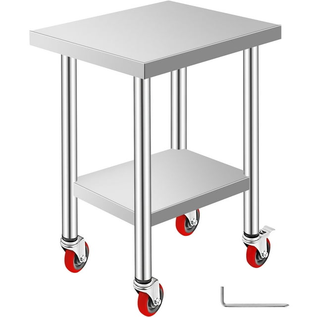 KFFKFF Poste de Travail de Cuisine Industrielle, 24x18x34 Pouces, Limite de Poids de 700 Lb, Équipé de 4 Roulettes, 3 Options de Réglage de Hauteur, Surface Robuste de Préparation des Aliments pour Cuisines d'Affaires, Argent