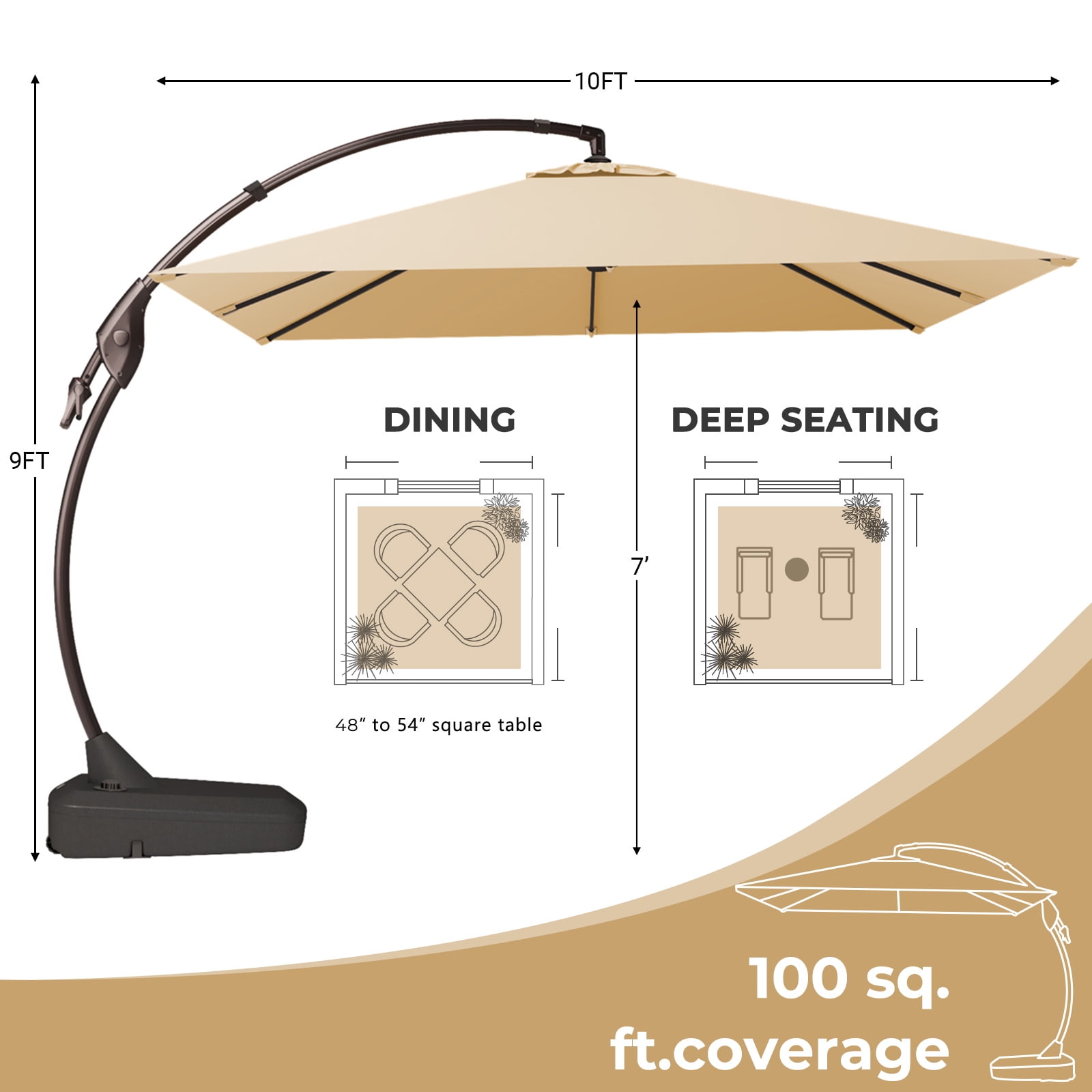 Grand Patio x SUNBRELLA 10 ft Square Patio Umbrella Deluxe Curvy Aluminum Offset Umbrella, Outdoor Cantilever Umbrella w/ Base, Canvas Flax