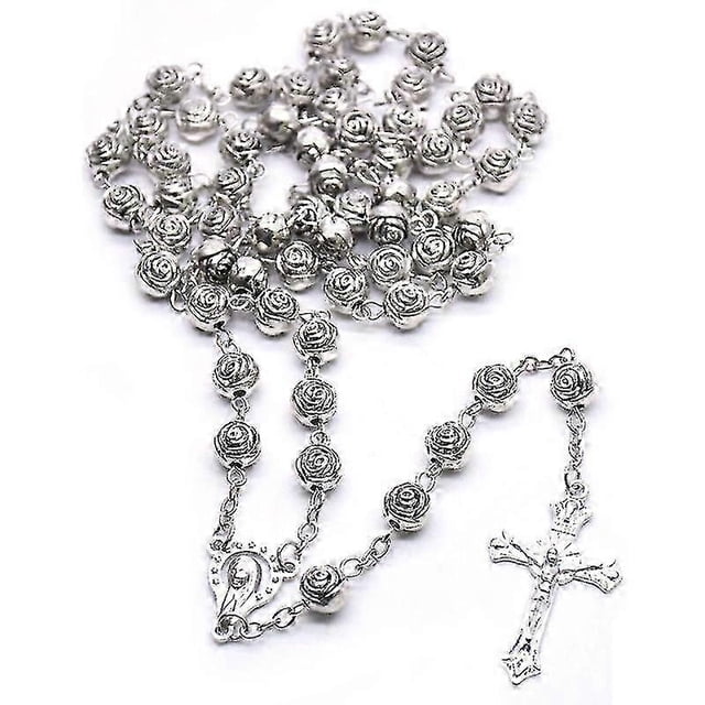 Rosary Catholic Necklace Lady Girl Silver Rose Metal Prayer Rosary Chain Cross Christian Jewelry Gift For Women Men D5qb