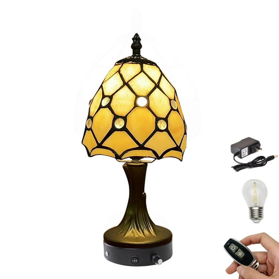 Kiven Cordless Table Lamp,1-Light Dimmable Bedside Lamps for Nightstand with Pink Glass Lampshade, Tiffany-Style Rechargeable Desk Lamp for Reading Home Decor Bedside TD0793