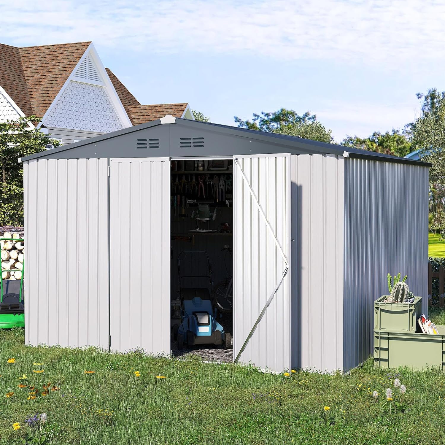 AECOJOY 10' x 10' Outdoor Storage Shed with Lockable Door Patio Metal Garden Storage Building in White for Outside