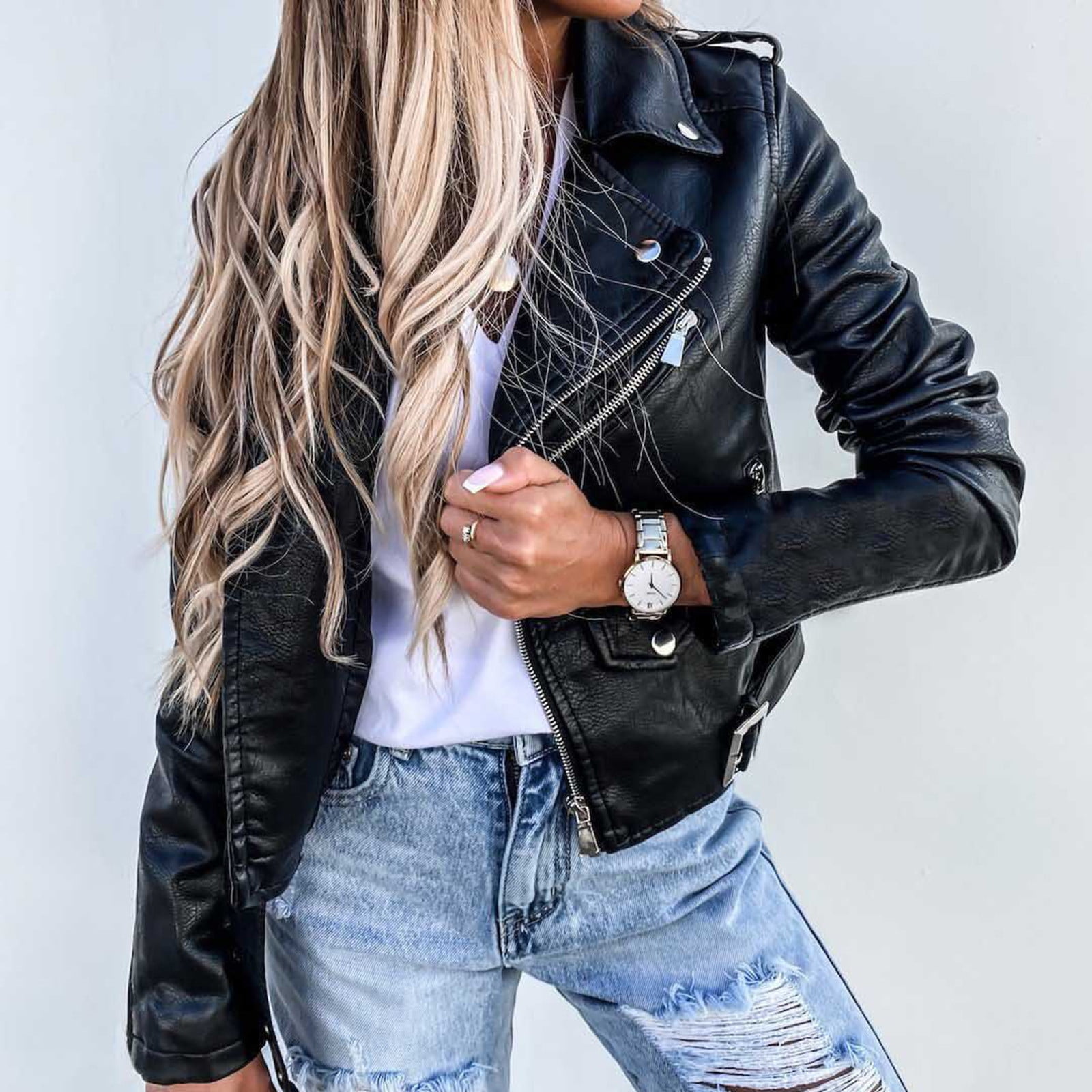 QATAINLAV Womens Cropped Faux Leather Moto Jacket Casual Short Zip-up Slim Biker Coat with Belt Fall Winter Long Sleeve Outwear, Black, XXXL