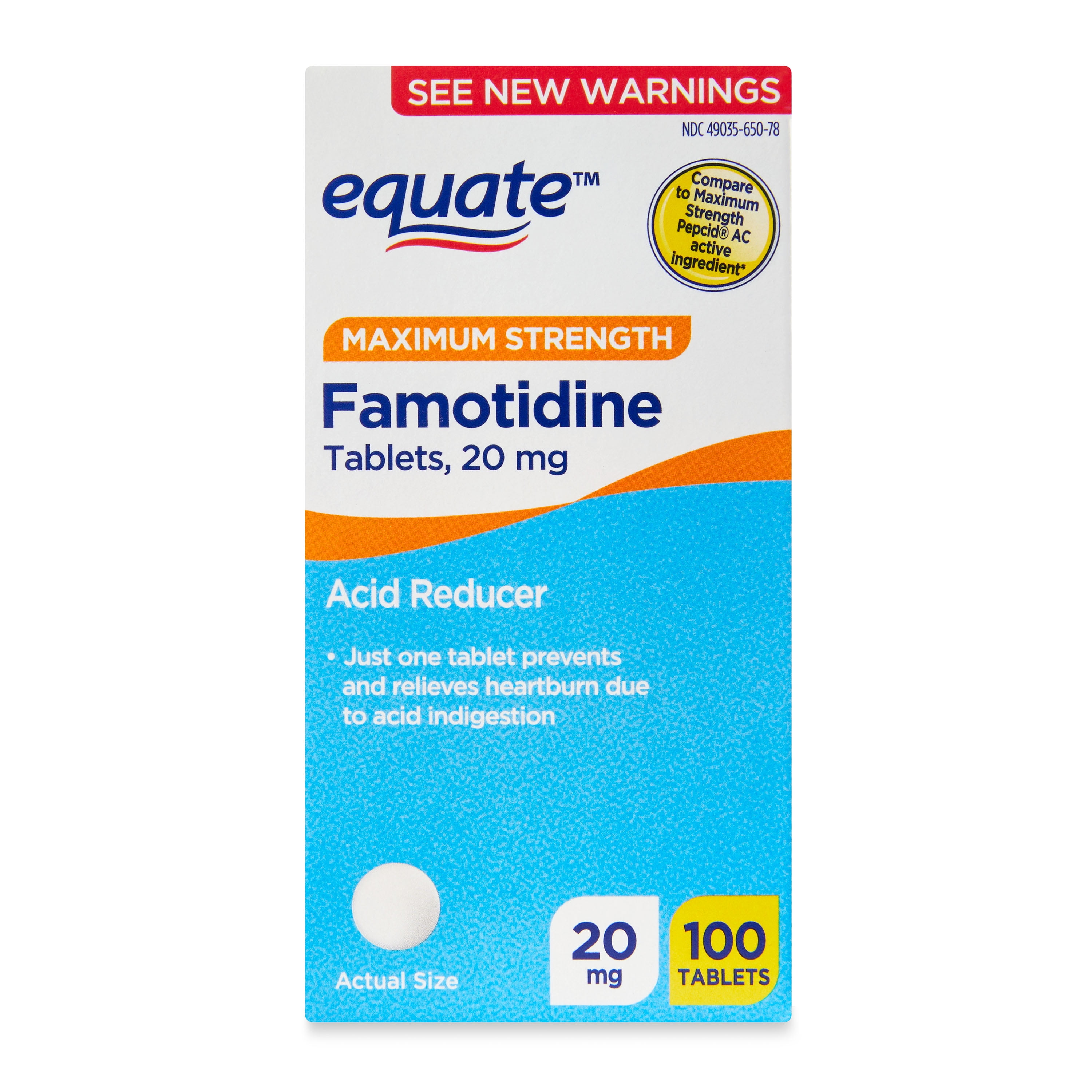 Equate Maximum Strength Famotidine Tablets, 20 mg, Acid Reducer, 100 Count