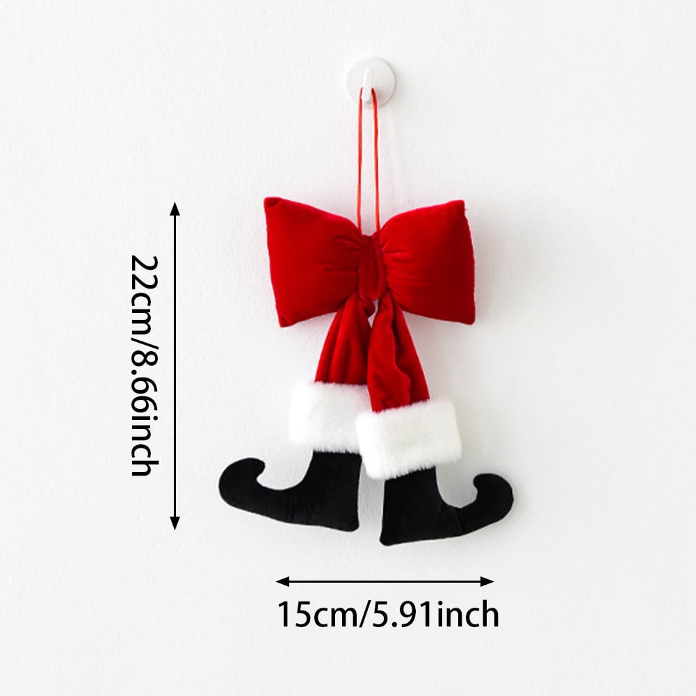 Yucurem Christmas Tree Red Velvet Bow with Santa Legs Hanging Ornaments, 3D Plush Stuffed Christmas Bowknot Pendant for Xmas Tree Garland DIY Craft Wrapping Wall Decor (8.66 in)