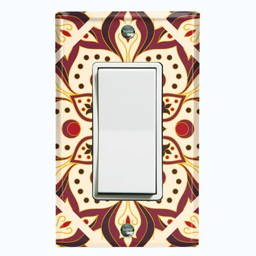 Metal Light Switch Plate Cover Beige Burgundy Mandala  Flower Tile Pattern MDL032