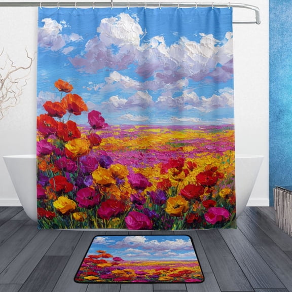 Bathroom Sets Curtain and Rug Sets 23.6x15.7 in Non-Slip Mat and 60x72 in Shower Curtain for Home Bath Dcor Colorful Floral Landscape