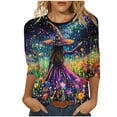 thumbnail image 2 of Kilaqueen Cute Funny Halloween Shirts for Women Plus Size 3/4 Length Sleeve Crew Neck Womens Tops Vintage Festival Witch Graphic Tunic Tops, 2 of 5