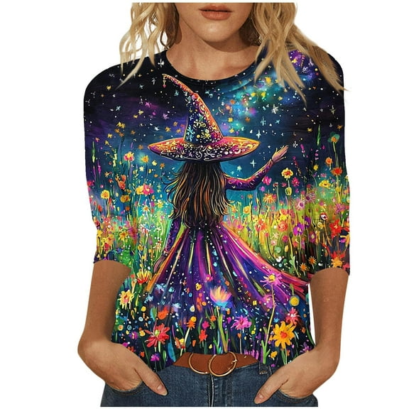 Halloween 3/4 Sleeve Shirts for Women Cute Witch Graphic Tees Funny Family Party Matching Holiday Tops
