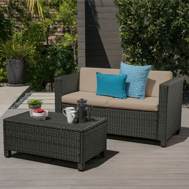 Christopher Knight Home Puerta Outdoor Wicker Loveseat And Coffee Table Set By Dark Brown Beige Cushion Com Puerta Outdoor Wicker Loveseat, Christopher Knight Wicker Outdoor Furniture