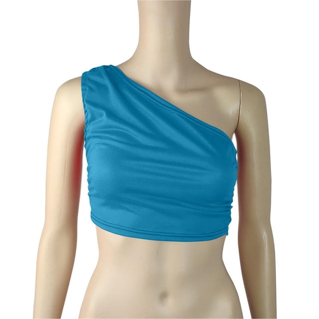 Timegard Tank Top for Women Solid Color 1 Shoulder Cropped Comfy Fitting Slim Ruched Casual Tee Top