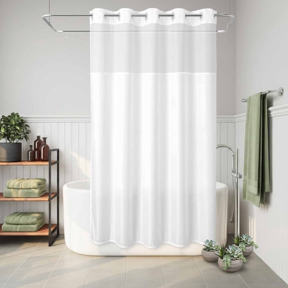 No Hook Shower Curtain Solid Color Waterproof Fabric Shower Curtain White Hotel Style Bathroom Curtain with See Through Top Window Machine Washable 36x72in