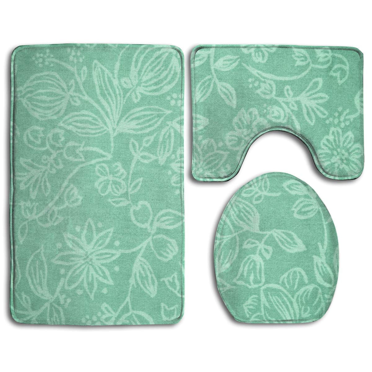 Gohao Mint Green Flowers 3 Piece Bathroom Rugs Set Bath Rug Contour Mat And Toilet Lid Cover, Green And Brown Bathroom Rugs
