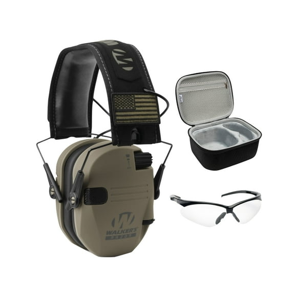 Walkers Razor Slim Electronic Muff (FDE Patriot Version) Bundle with Shooting Glasses and Hard Case (3 Items)