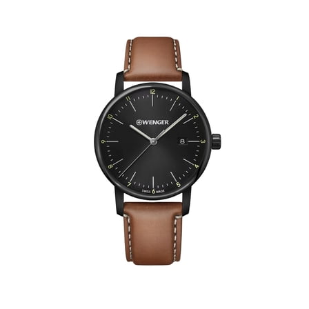 Wenger Urban Classic Water Resistant Watch with Large Black Dial and Brown Leather Strap