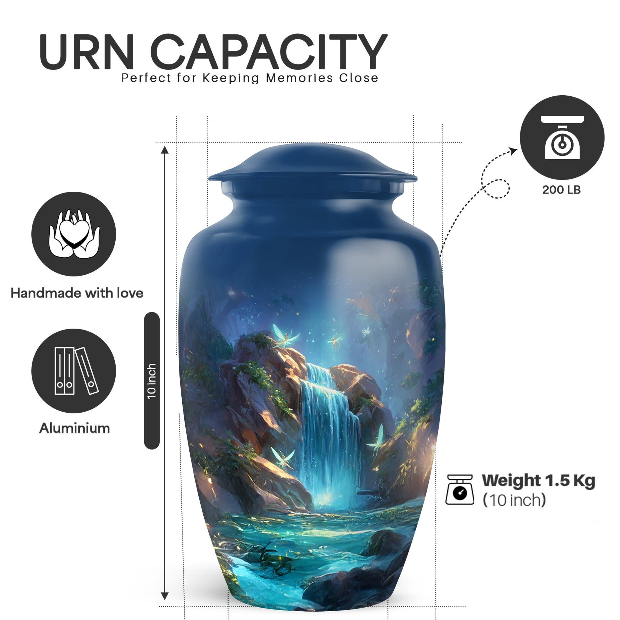 Yatskia Waterfall with Butterflies Mini Cremation Keepsake Urns for Human Ashes Adult Mother and Father, Decorative Large Funeral Urn for Ashes Adult, (Classic 10 Inch and 3 Inch)