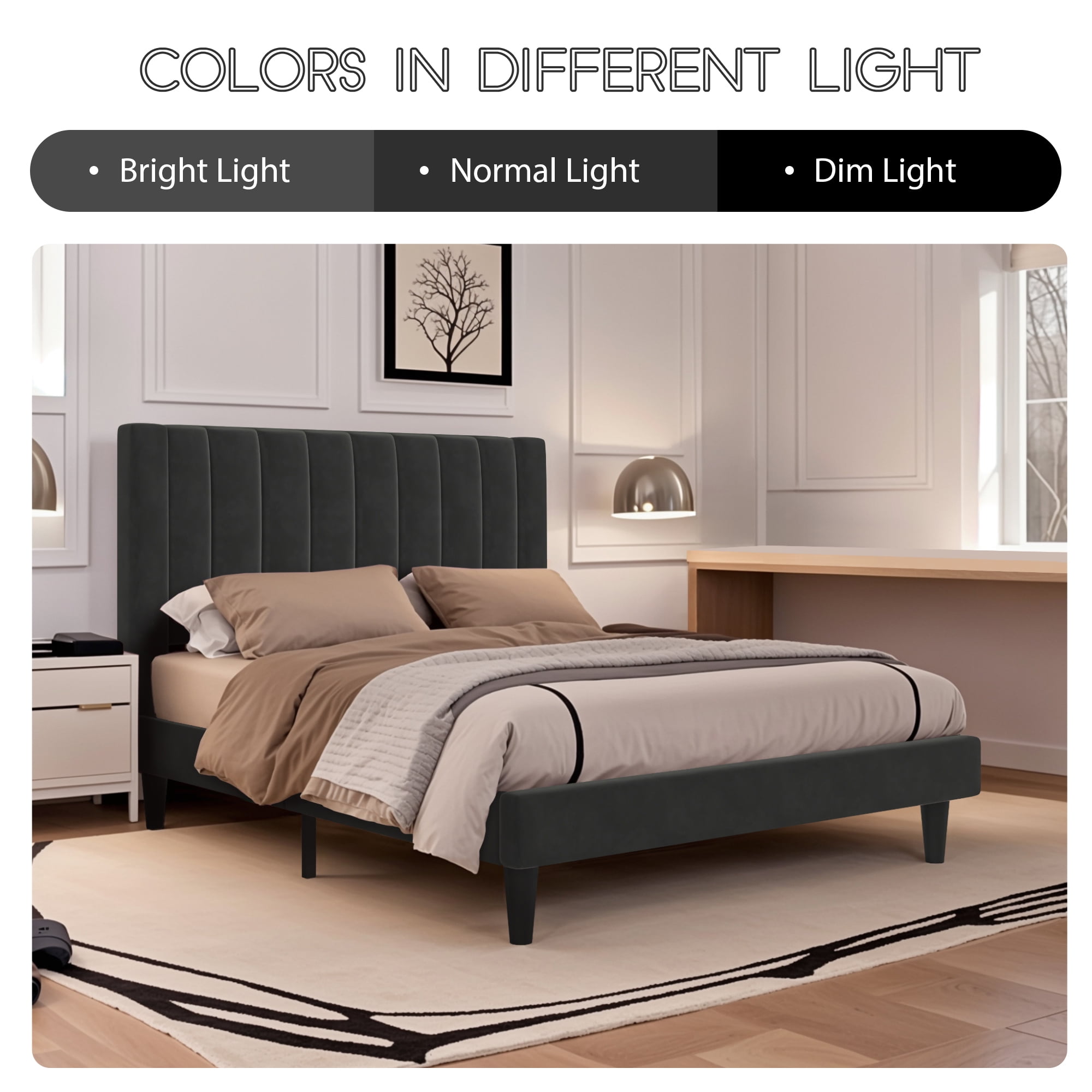 Einfach Full Size Platform Bed Frame with Upholstered Velvet Vertical Headboard, Black