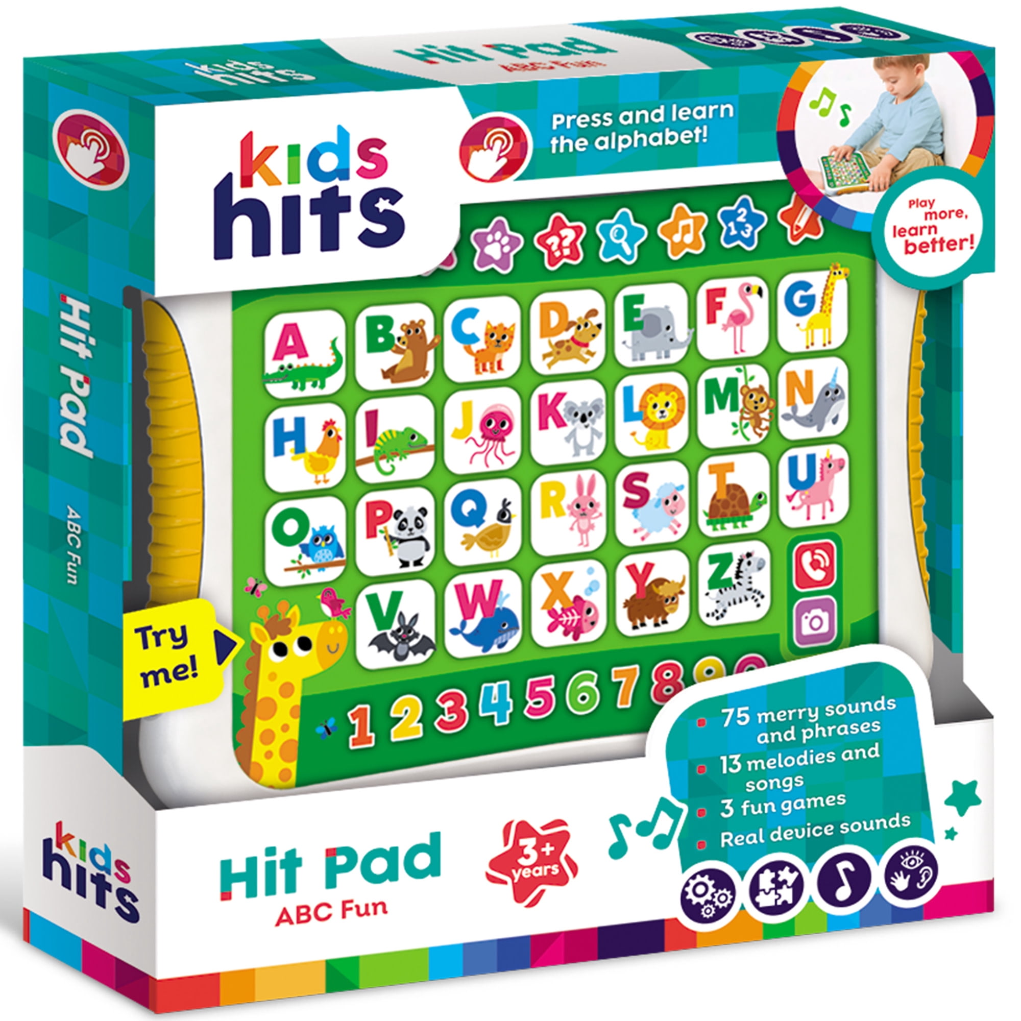 Kids Hits: Hit Pad - ABC Fun - Educational Musical Tablet Toy, Letters, Numbers, Animal Sounds, Songs & Quiz Mode, Learning Play, Toddler & Kids 3+