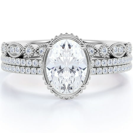 JeenMata Beautiful 1 Carat Real Moissanite Wedding Trio Ring Set with Engagement Ring and 2 Wedding Bands in 18k Gold Over Silver