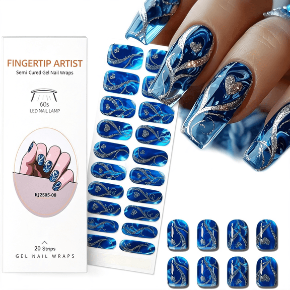 GEWIKK Gel Nail Strips Semi Cured Gel Nail Strips with Gold Heart Designs Blue Gel Nail Strips Glossy Stickers Salon Quality & Easy to Use for Women 20 Pcs