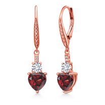 Gem Stone King 18K Rose Gold Plated Silver Red Garnet and White Lab Grown Diamond Drop Dangle Earrings for Women (3.17 Cttw, Heart Shape 7MM, Round 4MM)