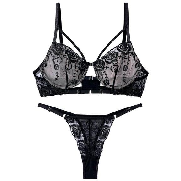 Ausing Womens Lingerie Lace Mesh Matching Bra and Panty Sets Floral Embroidery See Through Underwear Push Up Adjustable Straps Babydoll Suit 2 Piece Black S