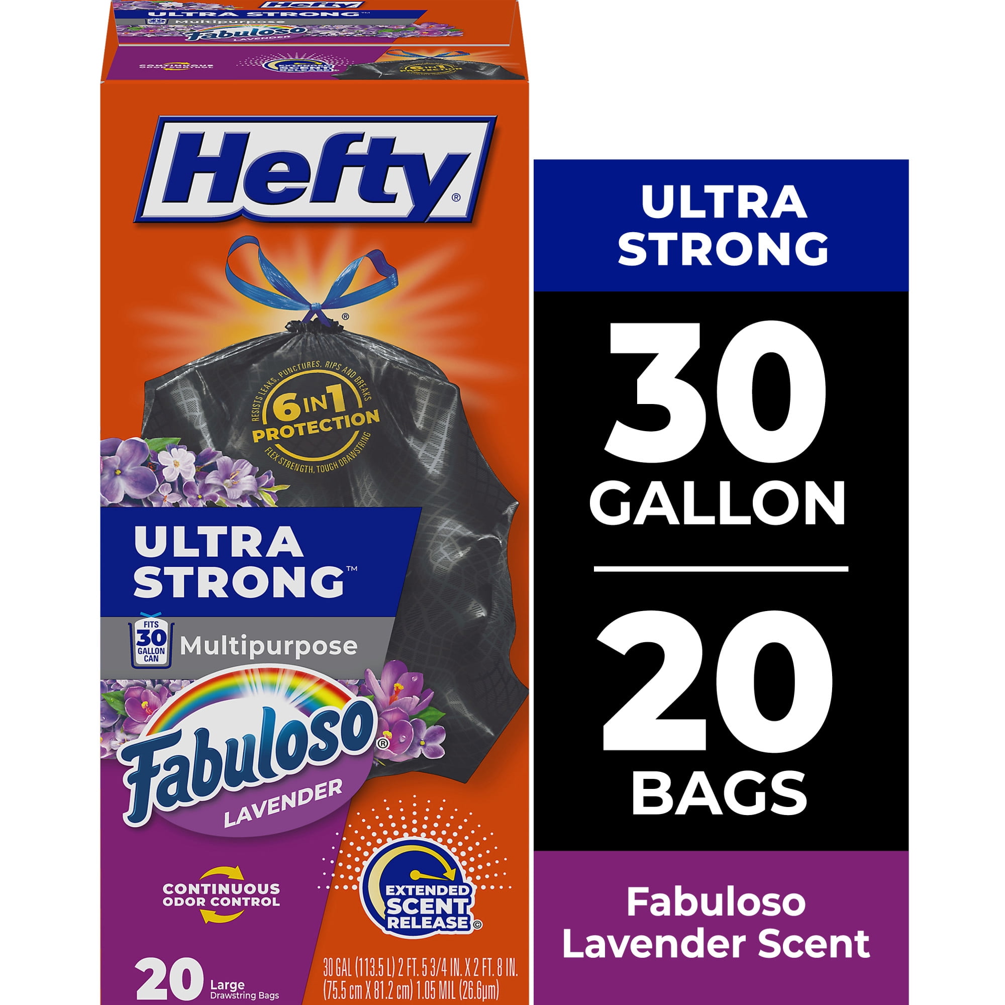 (6 pack) Hefty Ultra Strong 30 Gallon Trash Bags, Black Large Trash Bags, Fabuloso Scent, 20 Bags