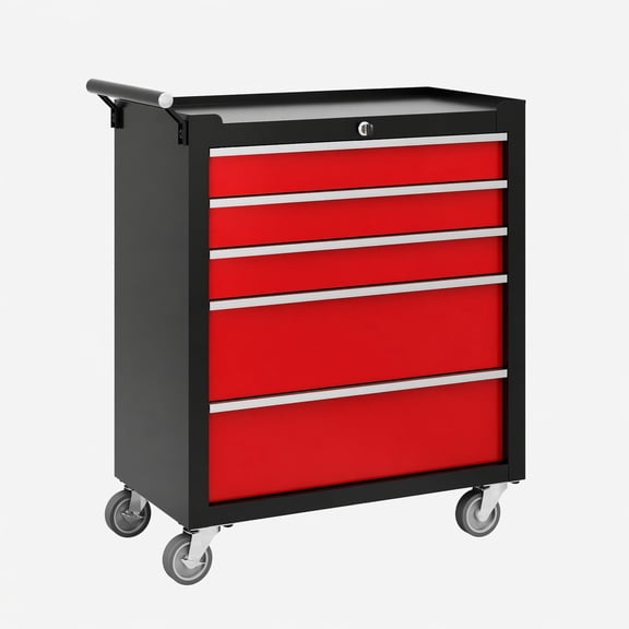 Heavy-Duty 5-Drawer Rolling Tool Chest on Wheels, Lockable Steel Tool Storage Cabinet/Cart - Ball-Bearing Slides - Drawer Liners - Side Handle - Red/Black