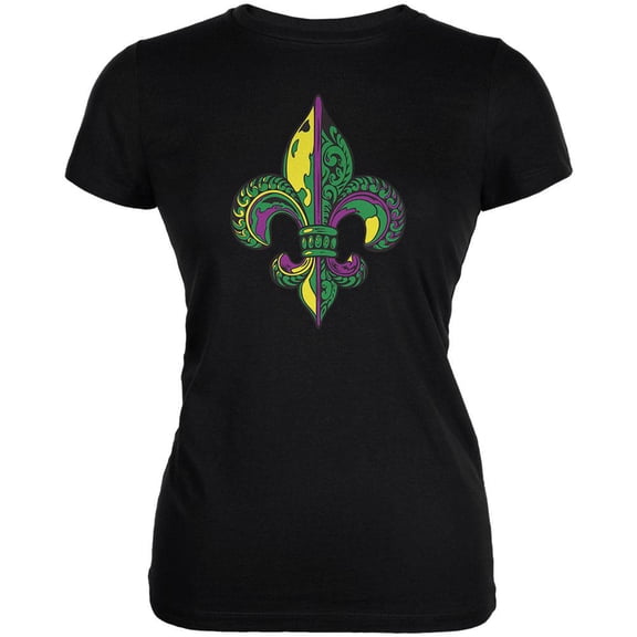 Mardi Gras Ornate Colorful Fleur-de-Lis Black Juniors Soft T-Shirt - Large