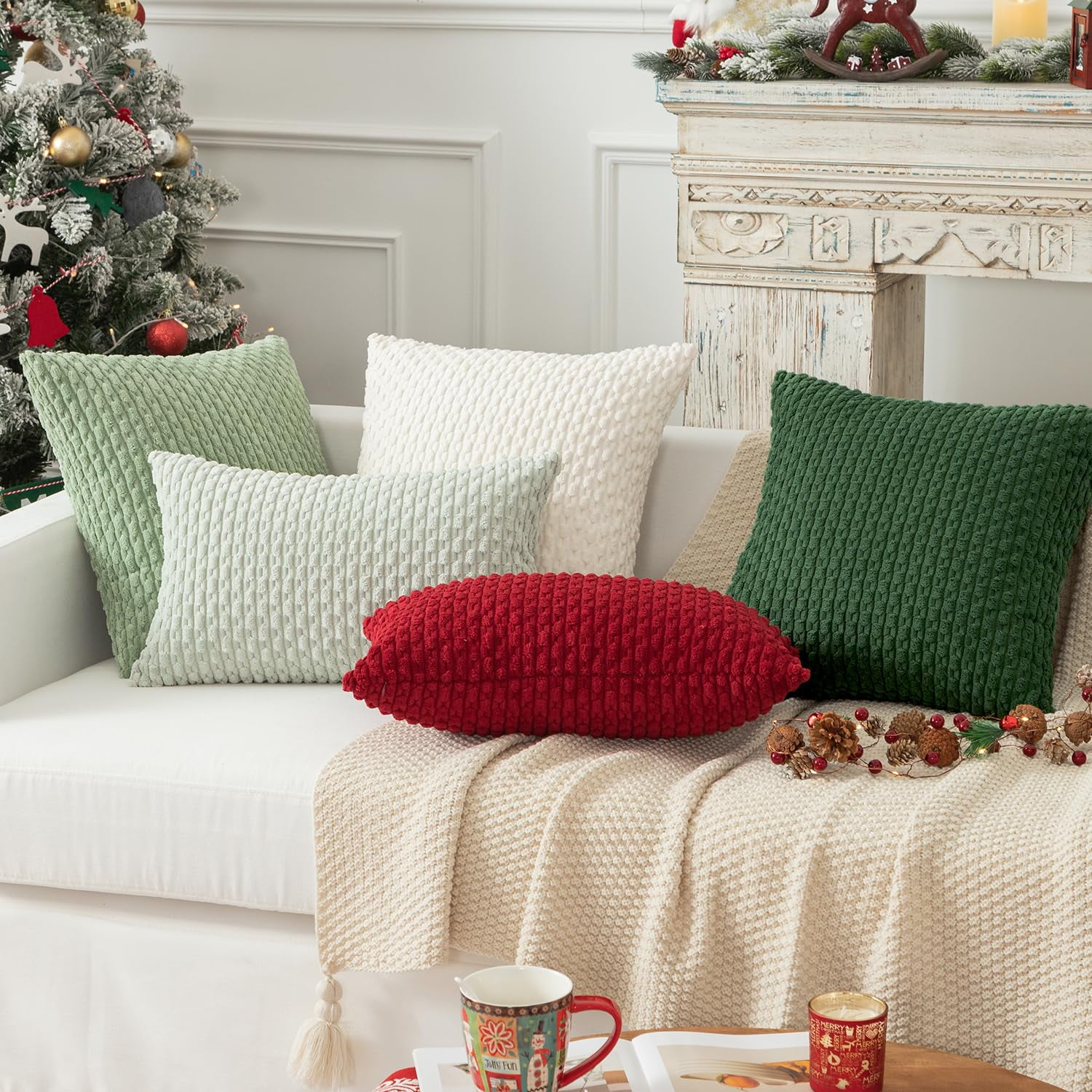 Holzlrgus Pillow Covers Decorative Set of 2 Striped Corduroy Plush Velvet Pillowcases Cushion Cover for Couch, 16x16 inch, Cream